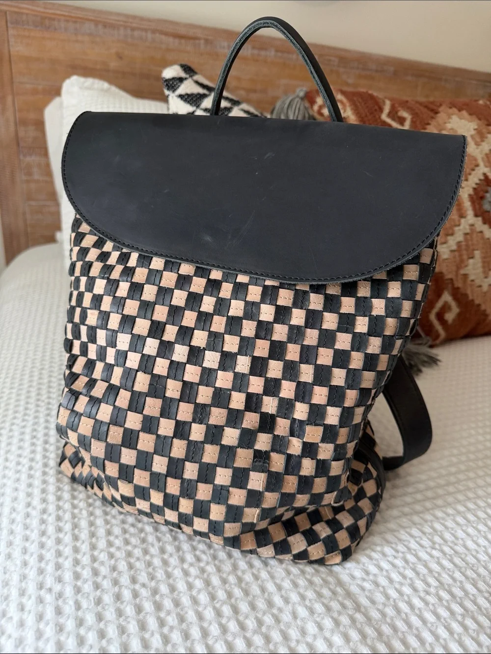 Able Black and Beige Woven Leather Backpack